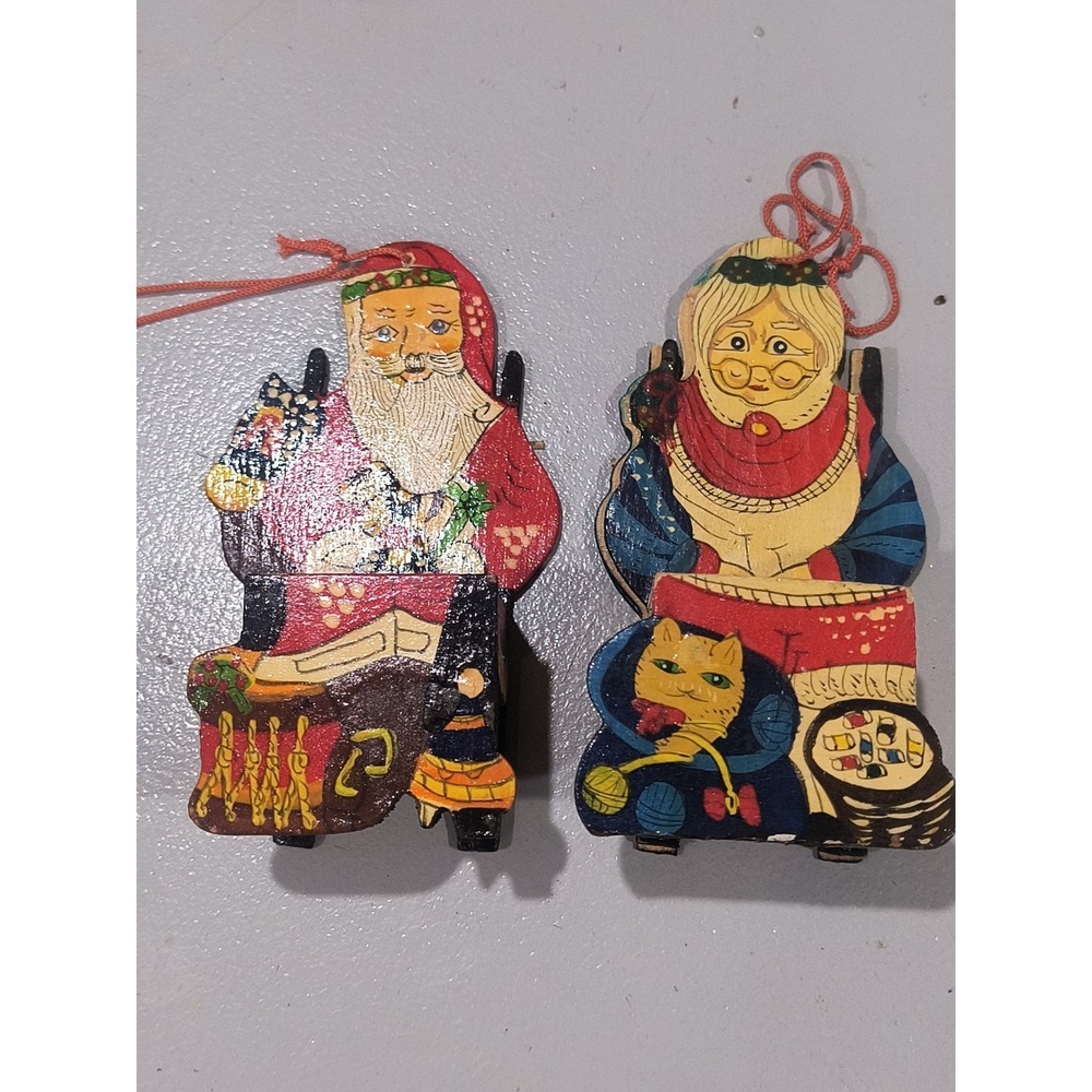 Vintage Department 56 Hand Painted Wood Chair Santa & Mrs Claus Ornament Set